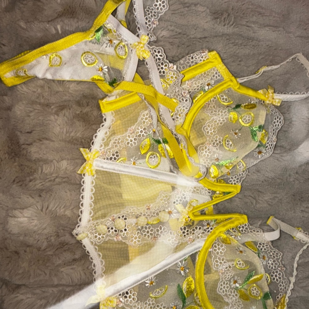 For Love And Lemons Yellow and White Lace Bra Set